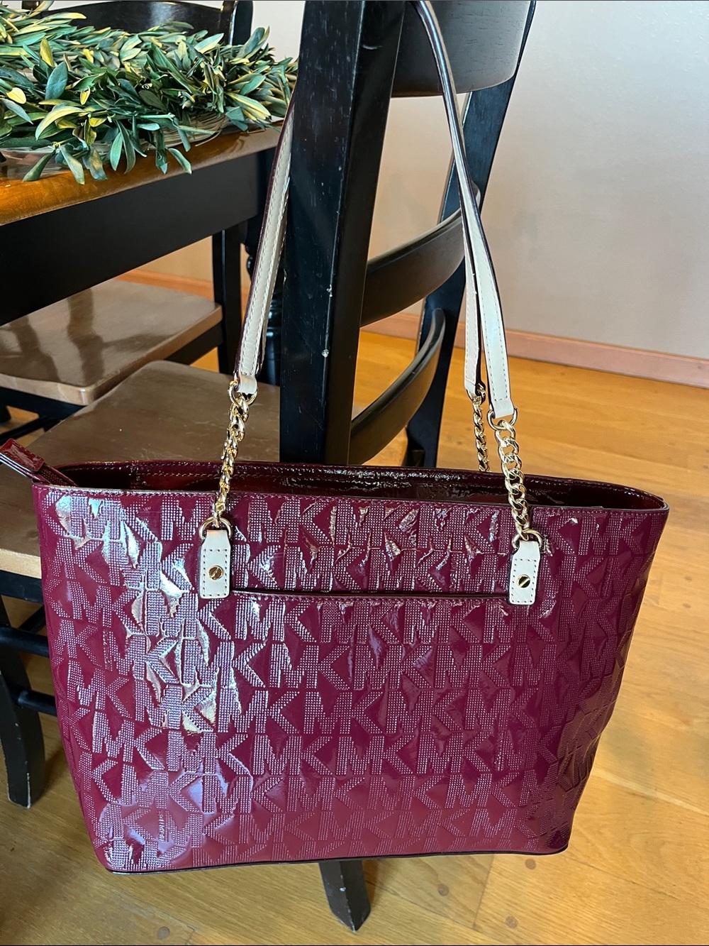 Michael Kors Burgundy Patent Logo Tote with Cream Chain-Accent Straps